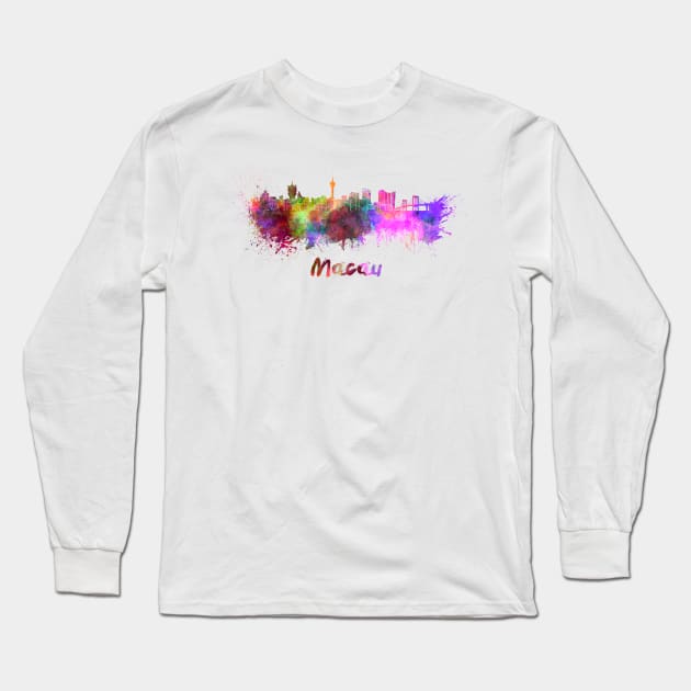 Macau skyline in watercolor Long Sleeve T-Shirt by PaulrommerArt